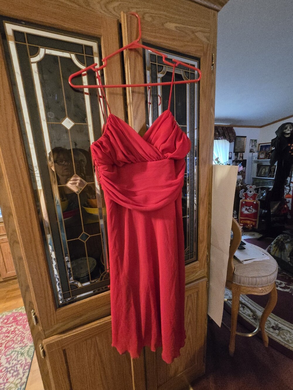 Red Spaghetti-Strap Midi Dress with Draped Bodice
